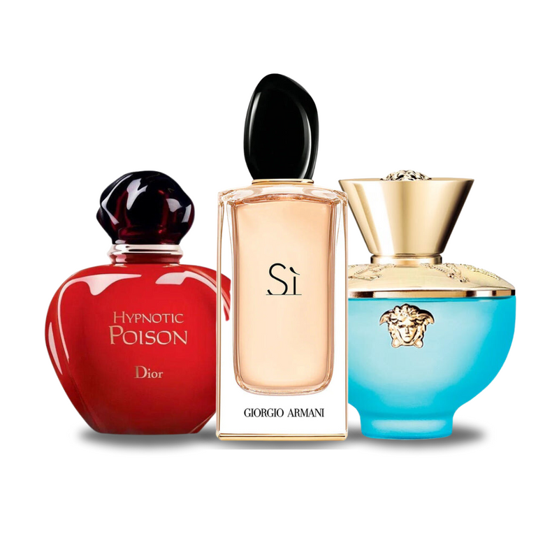 Combo: Dior Hypnotic Poison, Giorgio Armani Sì y Versace Dylan Turquoise - Perfumes Femininos de Luxo a Preços Imbatíveis.