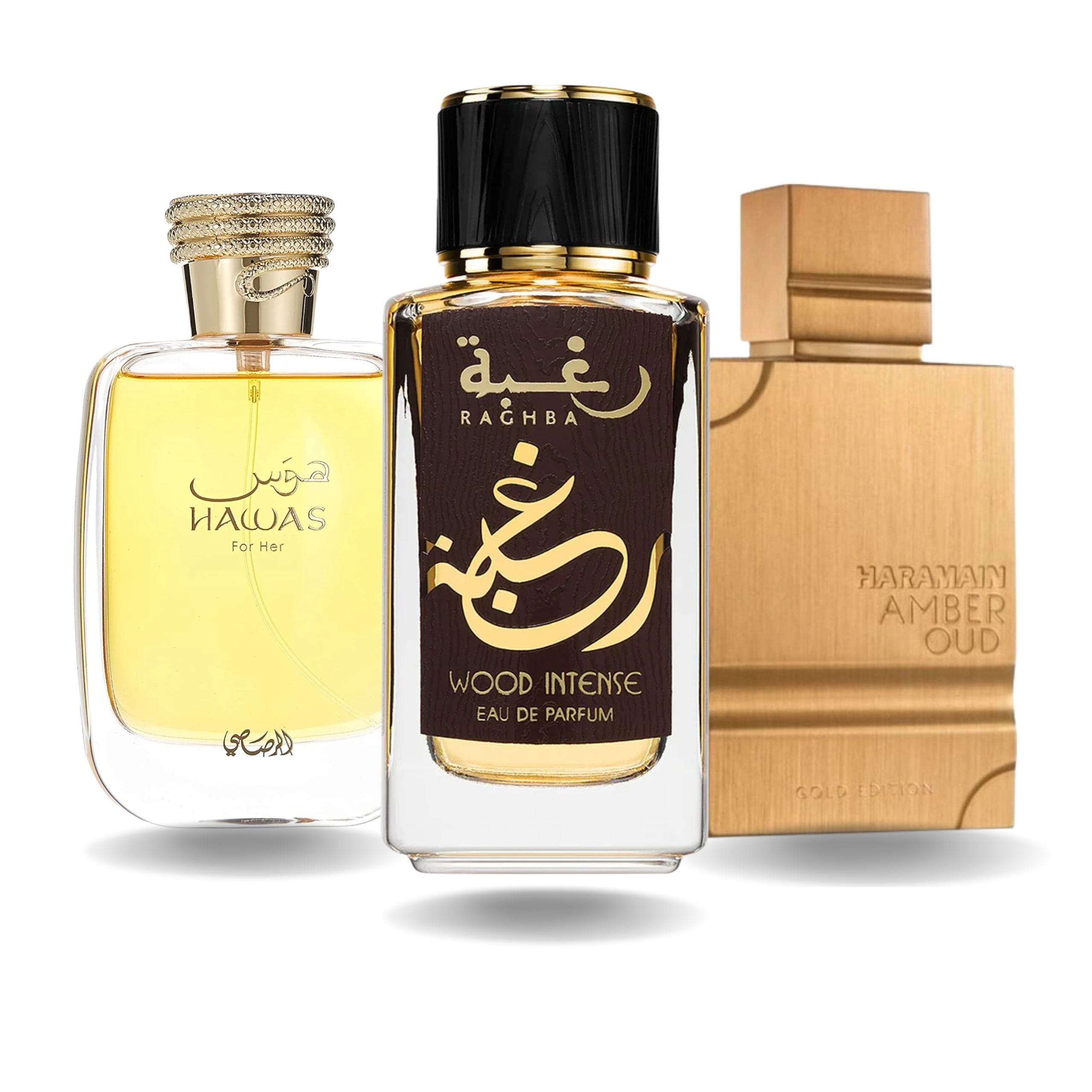 Combo: Rasasi Hawas, Al Haramain Amber Oud y Lattafa Raghba